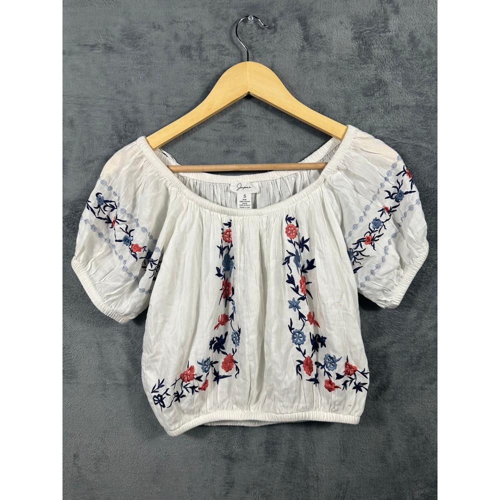 Boho Floral Embroidered Peasant Top Womens S White Off Shoulder Crop Japna